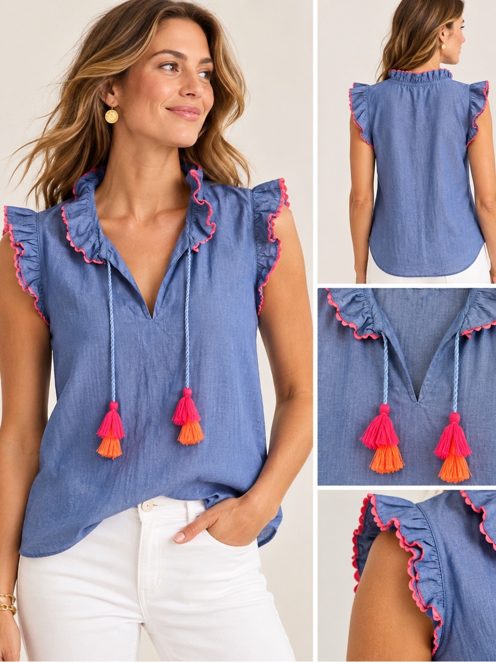 Boden Blue Ruffle Tassel Sleeveless Blouse Top US 10 UK 14